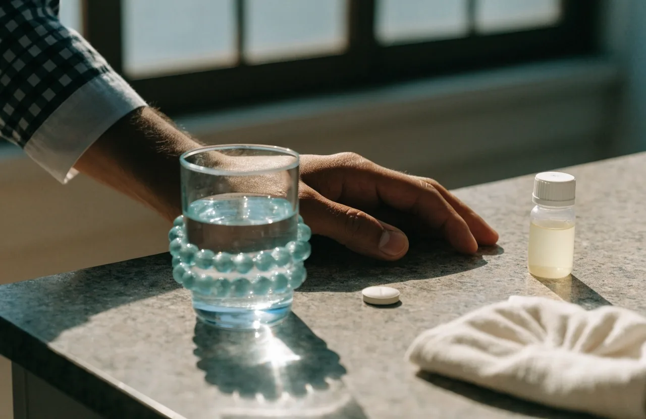 A cleared Bandung kitchen counter mid-morning with a cutting board, eggshell and a glass of water in warm window light